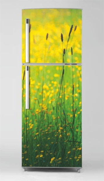 Fridge wrap sticker P1108 - Graphic design with green background, yellow flowers, and tall grass.