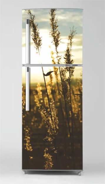 Fridge wrap sticker P1118 - Graphic design featuring grass against a sunset backdrop.