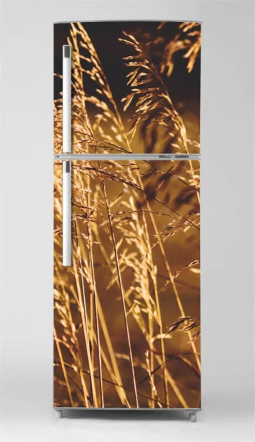 Fridge wrap in warm grass tones, perfect for a modern kitchen or cozy living room.
