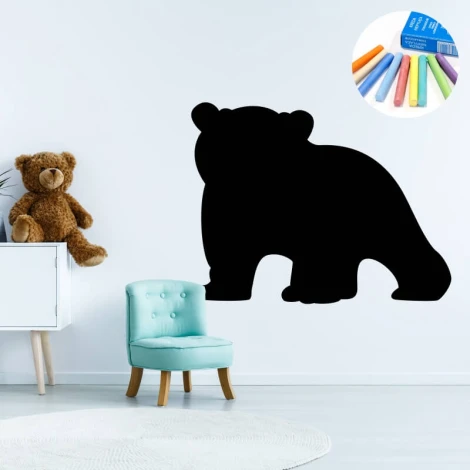 Chalkboard sticker for kids featuring a bear - Styled in a bright children\'s room with pastel-colored furniture.