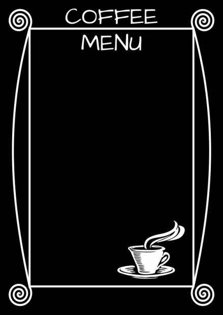 Chalkboard with coffee menu print 088 - Black background with white frames and coffee menu text.