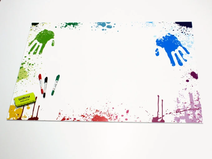 Whiteboard 01X 065 painting - Graphic design with colorful paint splashes and prints on a white background.