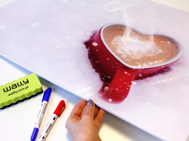 Heart-shaped dry-erase board 203 - Features a graphic of a heart-shaped cup with a hot beverage.