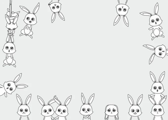 Children\'s dry-erase board with rabbit designs on a gray background, featuring bunnies in various poses.