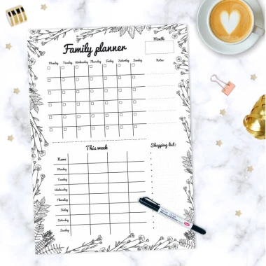 Family planner dry-erase board 479 - Graphic design with black and white plant drawings and planning grids on a white background.