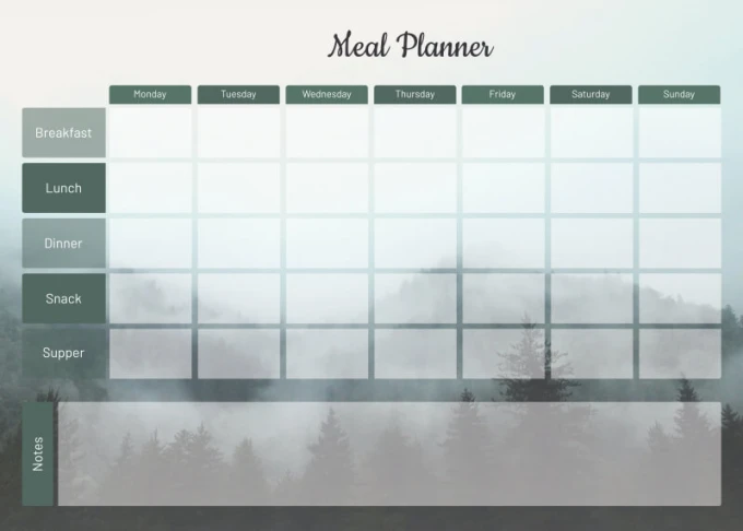 Meal planner dry-erase board 480 - Graphic design with gray rectangles for meal planning. Foggy background.