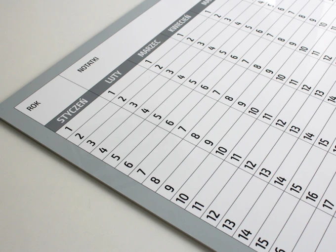 Universal yearly dry-erase calendar, Polish version 283 - Simple design with months and days grid.