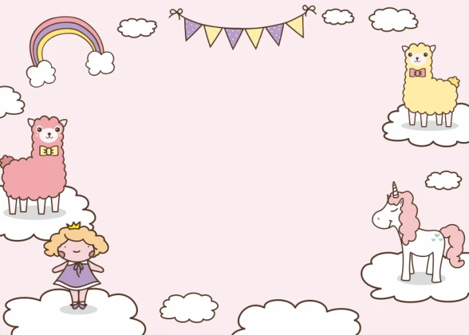 Dry-erase magnetic board for kids featuring clouds and alpacas on a pink background with a rainbow design.