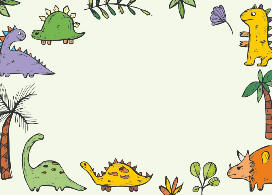 Dry-erase magnetic board for kids featuring dinosaurs, with colorful borders around the edges.