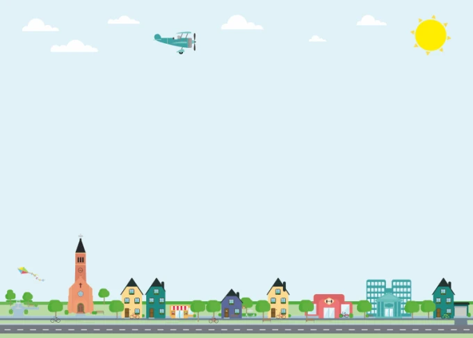 Magnetic dry-erase board for kids city design 495 - Features colorful buildings and an airplane graphic.