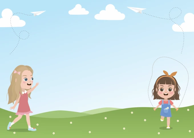 Dry-erase magnetic board for kids featuring cheerful girls. Design includes two girls against a sky background.