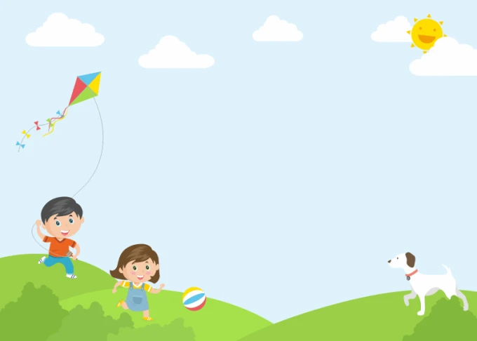 Magnetic dry-erase board for kids, kite design. Children play on a green meadow with a kite flying.