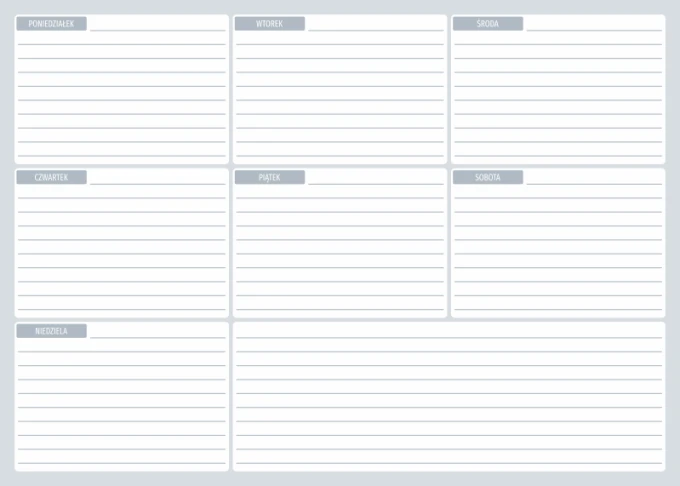 Magnetic dry-erase weekly planner board 505 - Graphic design with a simple grid and seven rectangles for days.