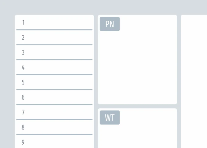 Magnetic whiteboard weekly planner 506 - Graphic design. Simple layout with rectangular fields for each day.