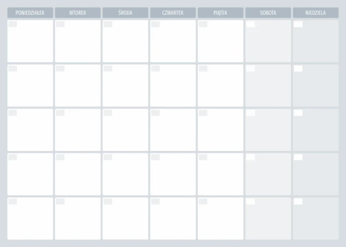 Magnetic dry-erase weekly planner board 513 - Graphic design. Simple layout with a grid for days of the week and blank spaces.