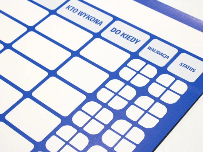 Magnetic dry-erase board for lean planning 108 - Graphic design with rectangular grid fields and blue frames.