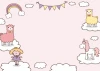 Dry-erase board for kids featuring clouds, alpacas, a rainbow, and a unicorn on a pink background.