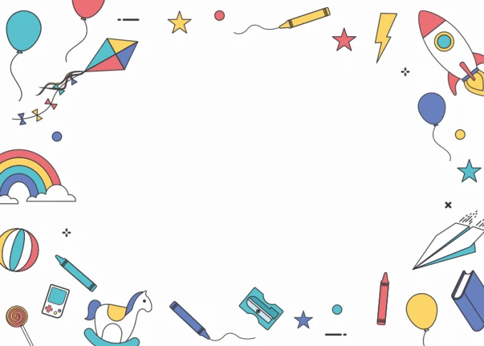 Dry-erase board for kids, featuring a design with balloons, stars, rockets, and a rainbow.