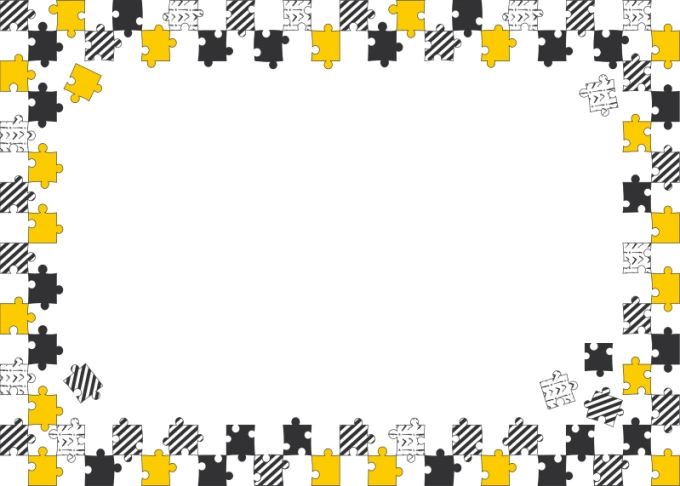 Children\'s dry-erase board puzzle 493 - Graphic design. Frame made of colorful puzzles in yellow, black, and white.