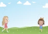Dry-erase board for kids featuring cheerful girls. Two girls against a sky backdrop, one waving.