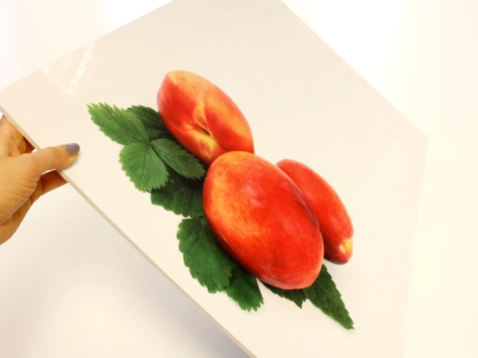 Peach-themed dry-erase board for the kitchen featuring three peaches on green leaves against a white background.