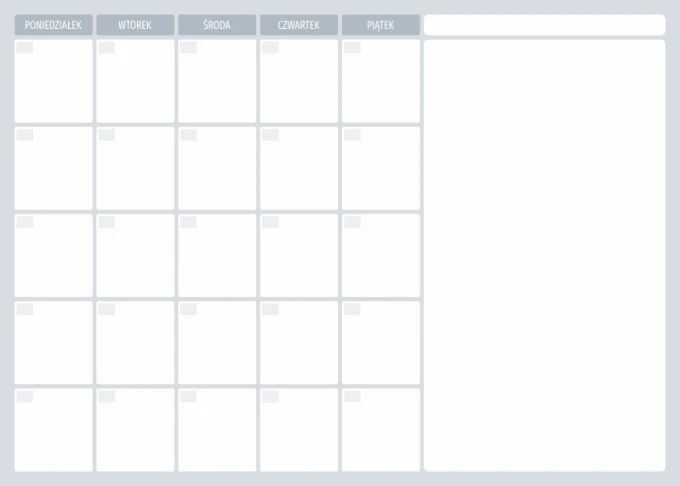 Weekly planner whiteboard 509 - Graphic design. Simple grid with fields for days of the week and blank spaces.