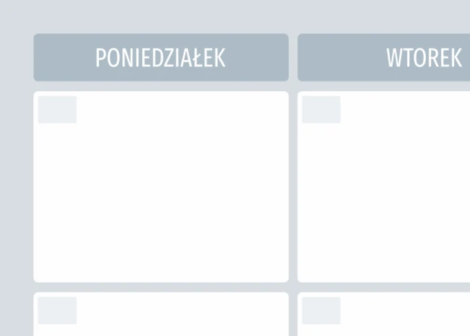 Weekly planner dry-erase board 510 - Graphic design. Simple layout with fields for each day of the week. Gray background with white.