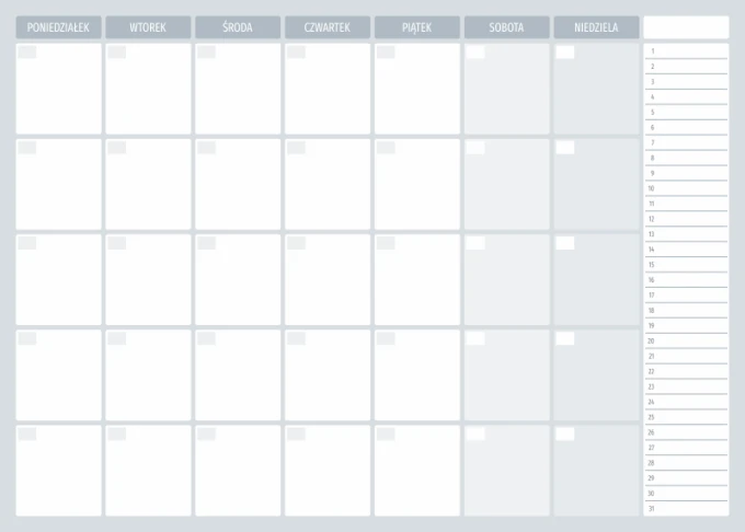 Weekly planner whiteboard 512 - Graphic design. Grid with rectangles for days of the week and day numbers.