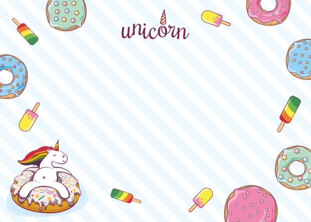 Dry-erase magnetic board for kids featuring a unicorn design with donuts and ice cream on a striped background.