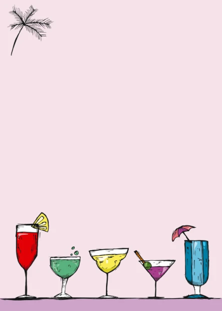 Magnetic dry-erase board for the kitchen featuring five different drinks on a pink background.