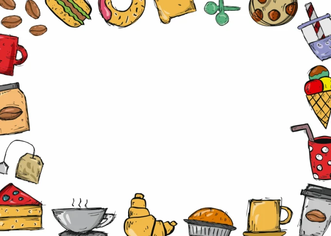 Magnetic dry-erase board for the kitchen featuring colorful food and drink graphics.