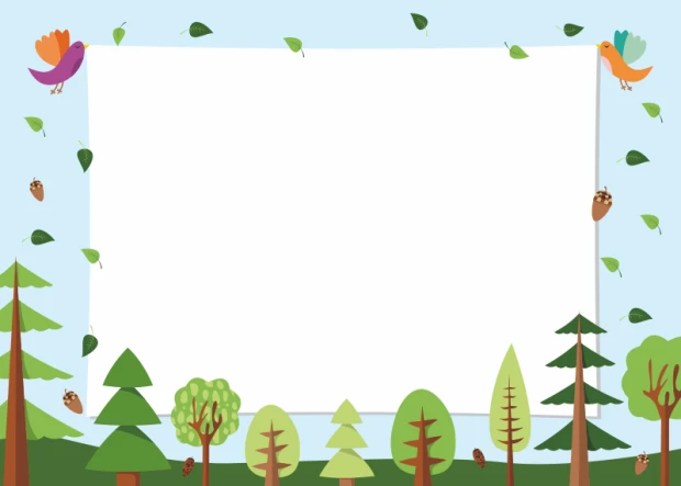 Dry-erase board for kids featuring a forest design with colorful birds, trees, and leaves against a sky background.