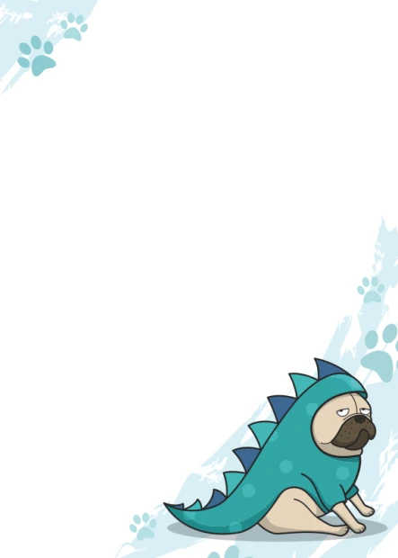 Dry-erase board for kids featuring a pug in a blue dinosaur costume on a white background.