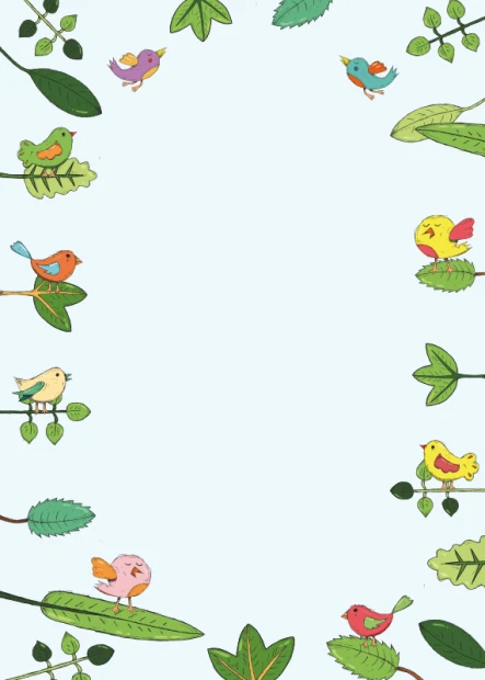 Dry-erase board for kids featuring colorful birds and leaves on a blue background.