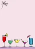 Dry-erase board for kitchen drinks, featuring five glasses with cocktails and a palm on a pink background.