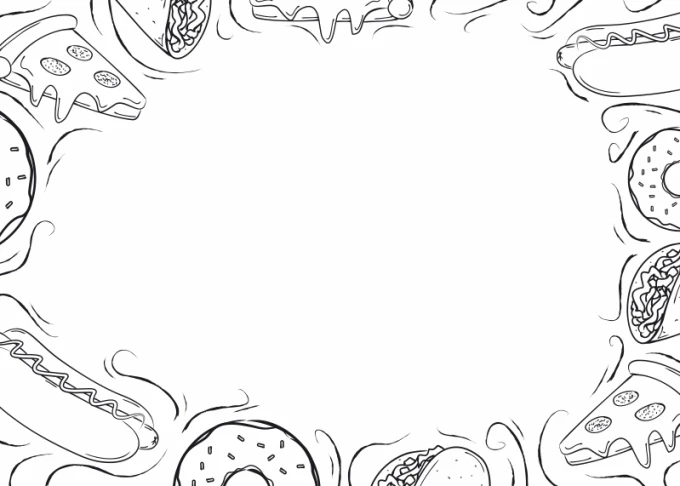 Dry-erase board for fast food kitchen 537 - Graphic design featuring hot dogs, pizzas, and donuts.