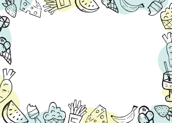 Dry-erase board for the kitchen featuring food illustrations in pastel colors on a white background.