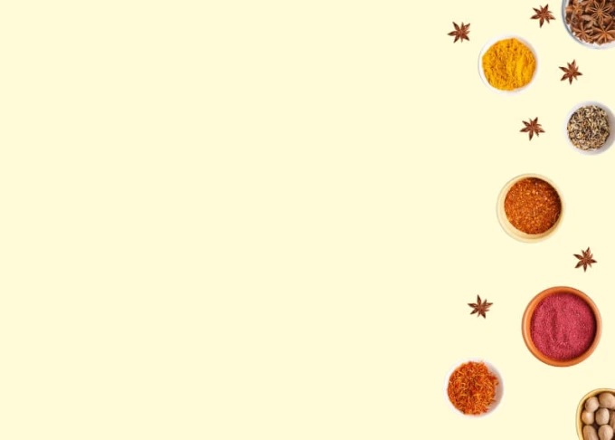 Dry-erase board for the kitchen with spice graphic design. Round spice containers on a light background.
