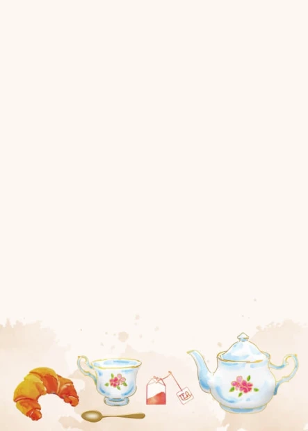 Dry-erase board tea 553 - Graphic design featuring a cup, teapot, spoon, and croissant on a light background.