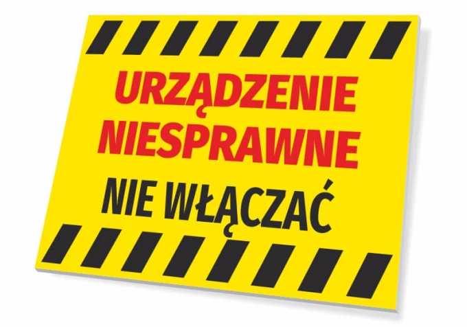 Device malfunctioning, do not turn on - Graphic design. Yellow background with black and red text.