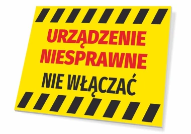 Device malfunctioning, do not turn on - Graphic design. Yellow background with black and red text.
