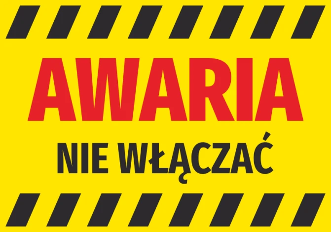 Failure sticker, do not turn on - Graphic design. Yellow background with black and red text and stripes.