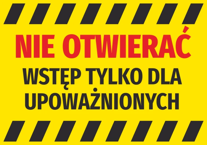 Do not open sticker, authorized access only - Graphic design. Yellow background with black stripes and large red text.