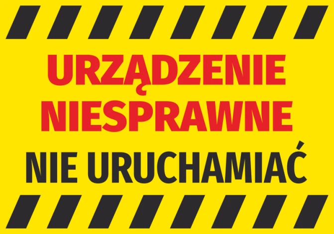 Sticker: Device malfunction, do not operate - Graphic design. Yellow background with black and red text and stripes.