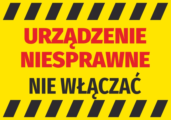 Device malfunctioning, do not turn on - Graphic design. Yellow background with red and black text and black elements.