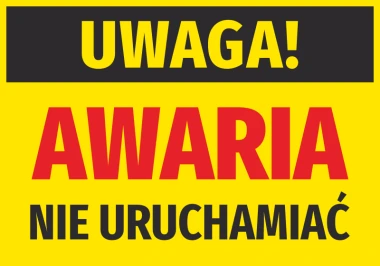 Warning sticker: Do not operate - Graphic design. Yellow background with large red letters. Black stripe at the top.