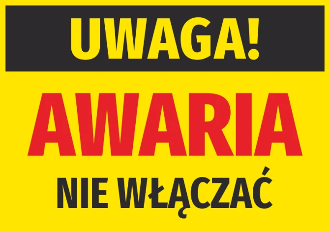 Warning sticker: Do not turn on - Graphic design. Yellow background, large red letters, black strip at the top.