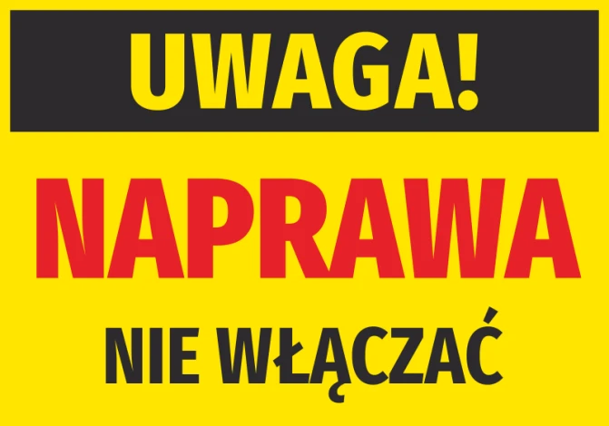 Caution repair sticker - Graphic design. Yellow background with large black and red letters.