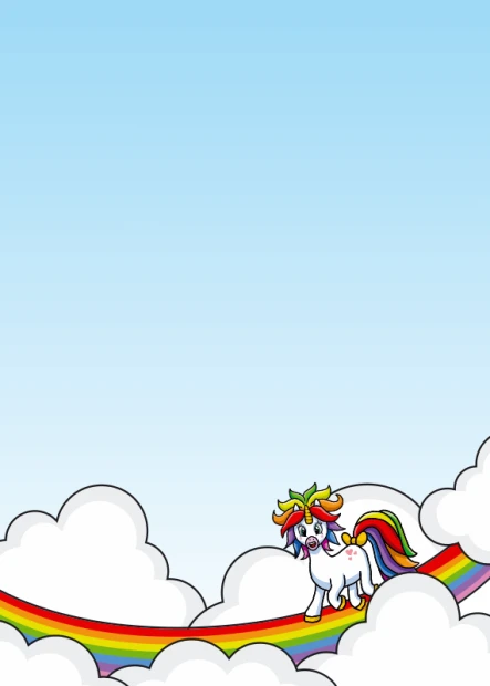 Dry-erase magnetic board for kids featuring a unicorn design with a rainbow and clouds against a sky backdrop.