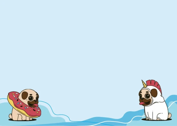 Dry-erase board for kids featuring two dogs in funny outfits on a blue background.